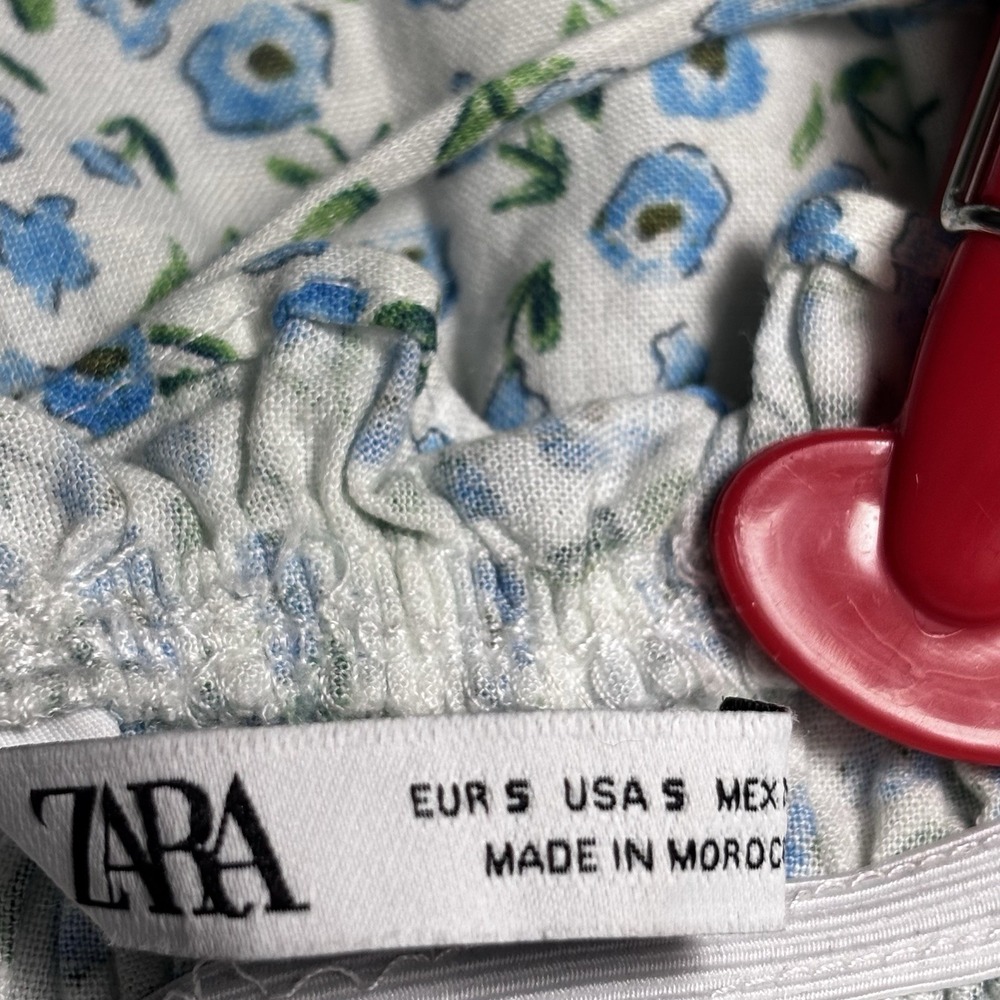 Zara Ditsy Floral Babydoll Dress S Blue Linen Blend Smocked Mini Cottage Picnic‎ - Picture 8 of 11